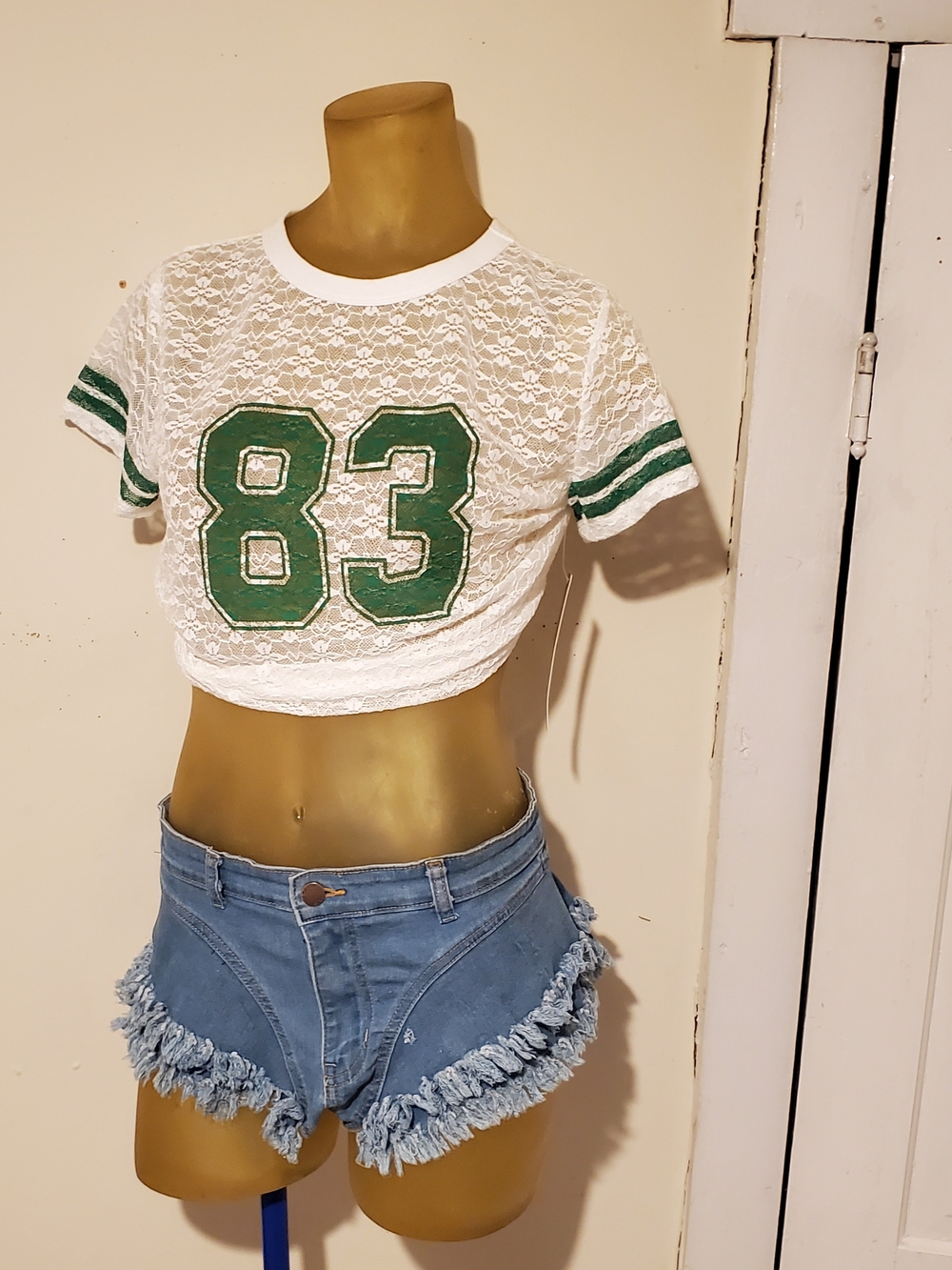 White Lace Crop Tee with Green 83 Appliqué